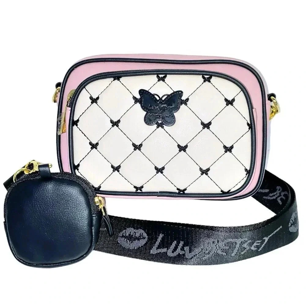Betsey Johnson Butterfly Quilted Pink Camera Bag & Key Fob Coin Purse NWT - Picture 5 of 10